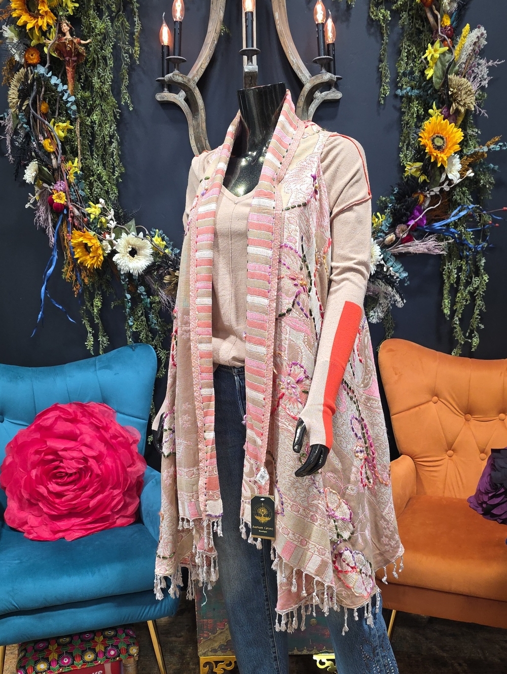 Raj Pink & Coral Embroidered Open-Front Vest with Fringe